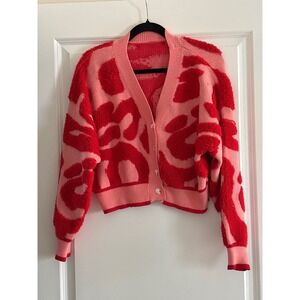 SHEIN Curve Abstract Graphic Fuzzy Tufted Button Front Cardigan Pink Red